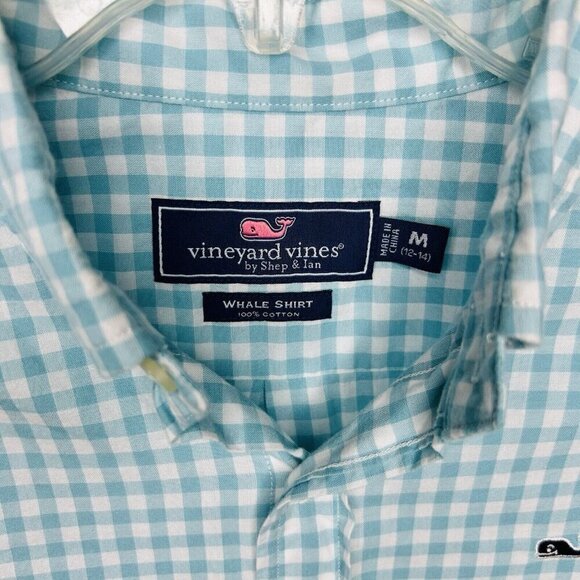 Vineyard Vines Button Down Check Whale Shirt Boy’s Size M (12-14) Aqua/White - Picture 5 of 8